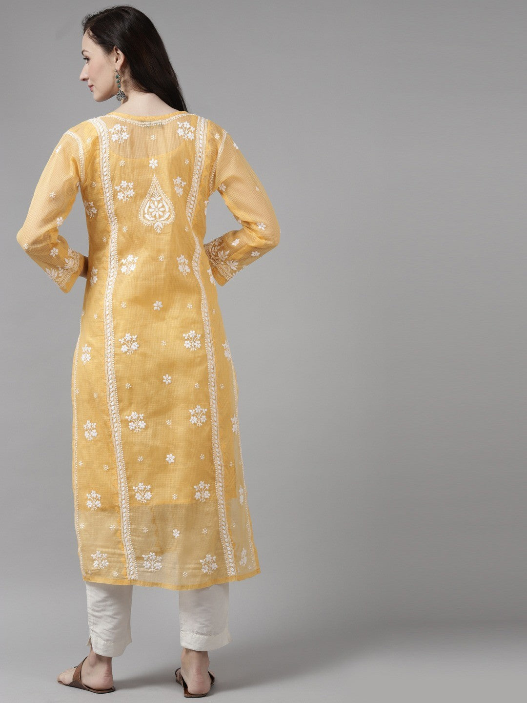 Ada Hand Embroidered Fawn Kota Lucknow Chikankari Kurta With Slip-A411306