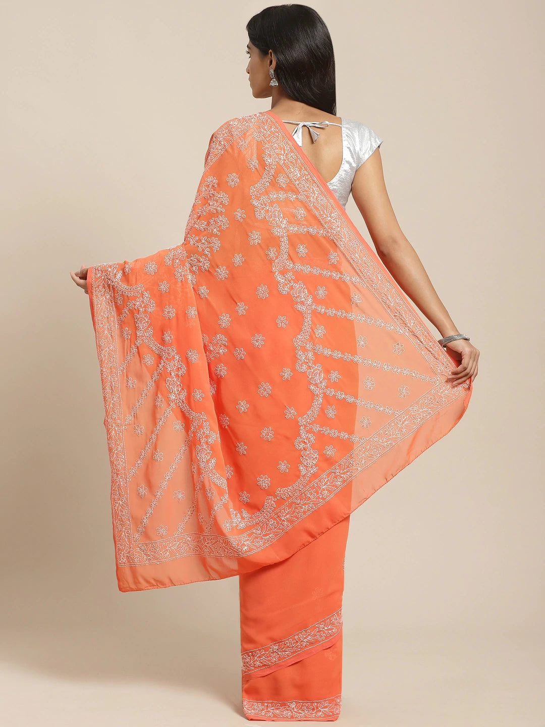 Ada Hand Embroidered Orange Georgette Lucknow Chikan Saree With Blouse- A311134