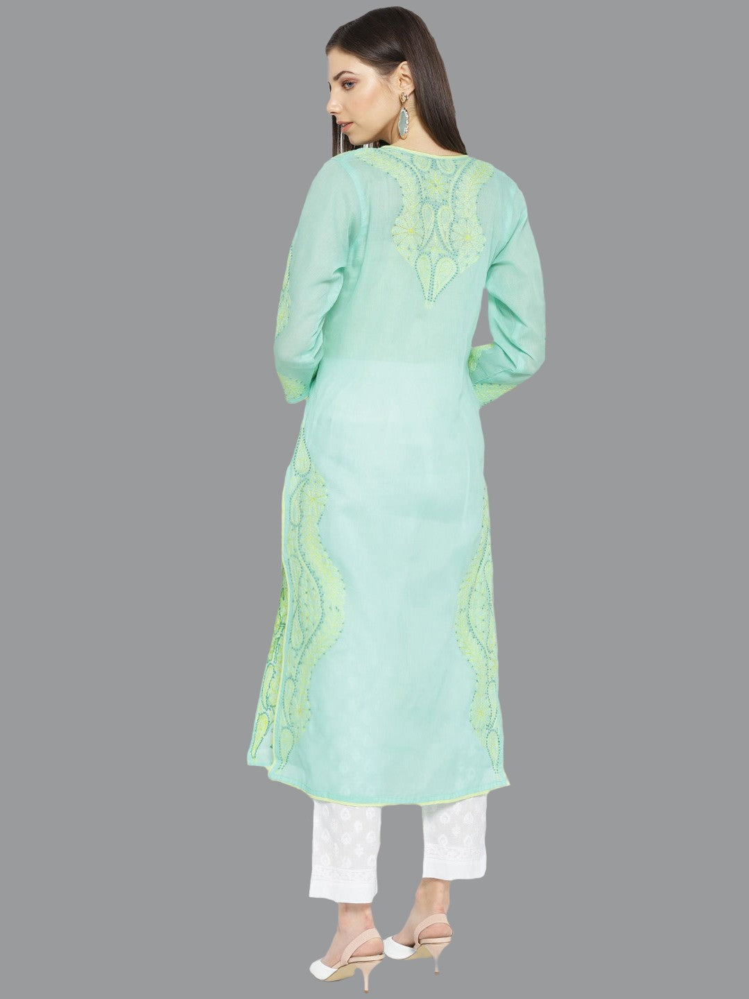 Ada Hand Embroidered Sea Green Cotton Lucknowi Chikankari Kurta with Palazzo Set A100020