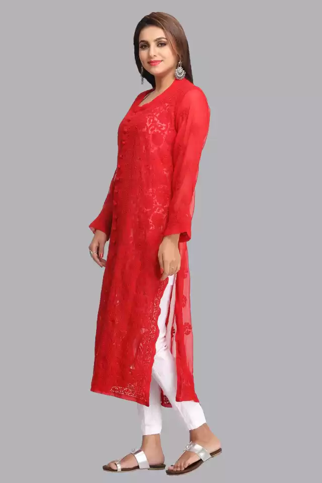 Ada Hand Embroidered Red Georgette Lucknow Chikankari Kurta A183538.