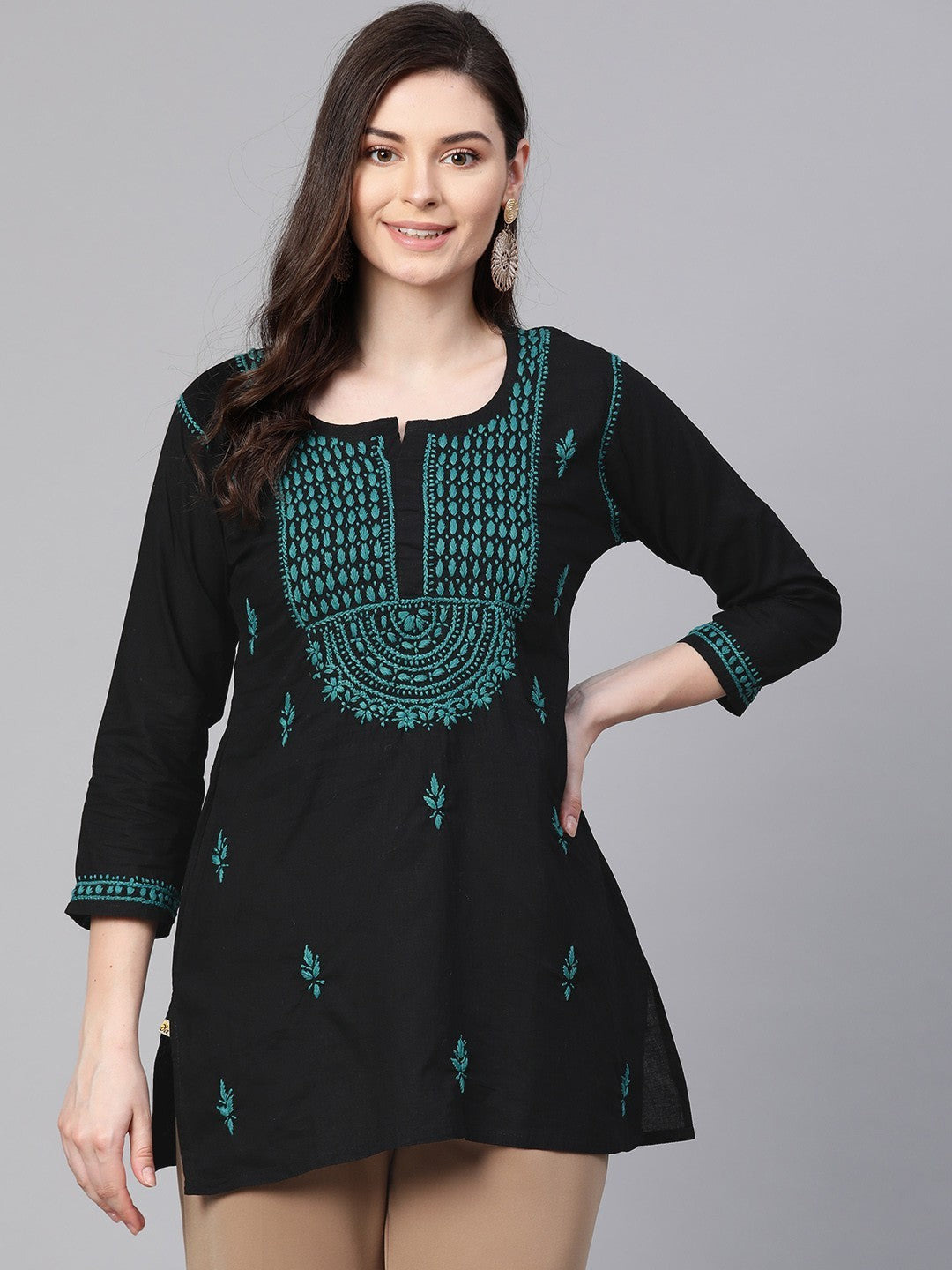 Ada Hand Embroidered Black Cotton Lucknowi Chikankari Straight Kurti A100388