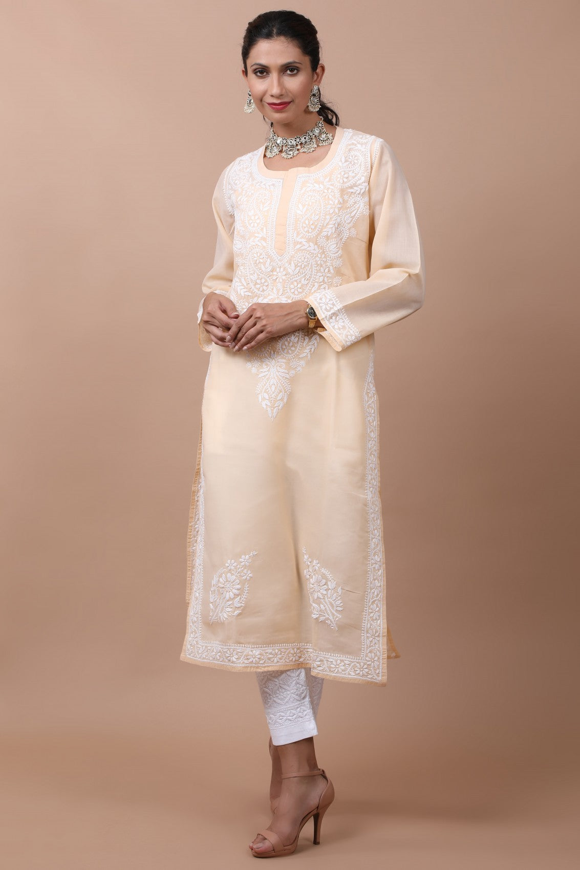 Ada Hand Embroidered Fawn Cotton Lucknowi Chikankari Straight Kurta A582030