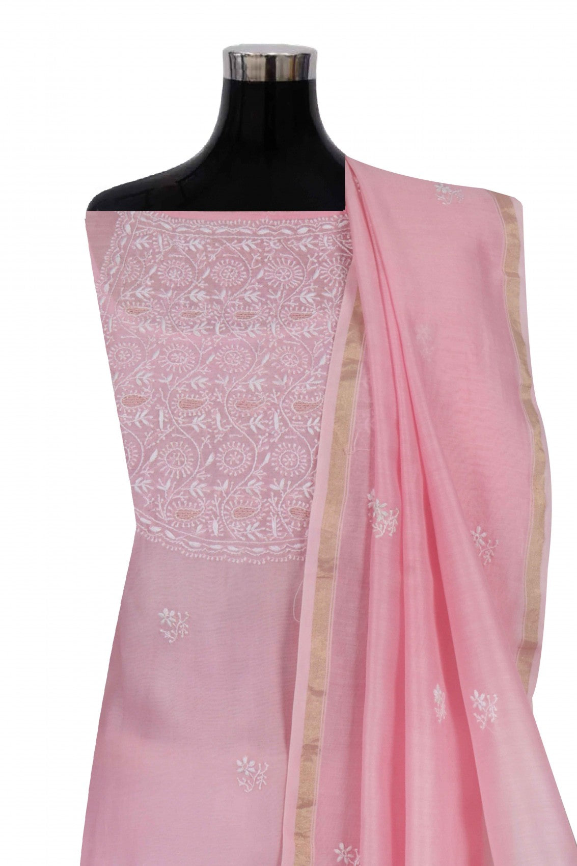 Ada Hand Embroidered Powder Pink Chanderi Lucknowi Chikankari Semi-Stitched Anarkali Kurta Dupatta Set 01A248289