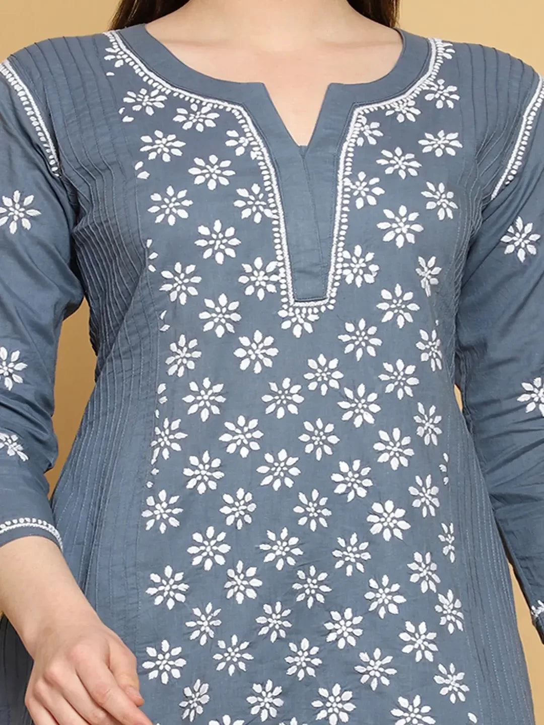 Ada Hand Embroidered Grey Cotton Lucknowi Chikankari Straight Kurti A911296