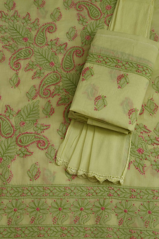 Ada Hand Embroidered Green Cotton Lucknowi Chikan Unstitched Suit Piece–A100158