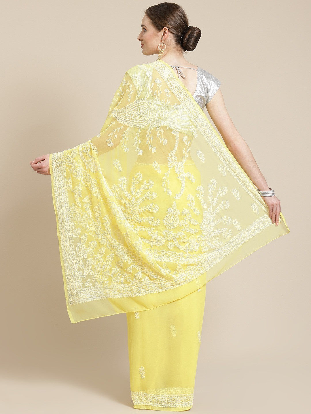 Ada Hand Embroidered Yellow Georgette Lucknow Chikan Saree With Blouse-A311246
