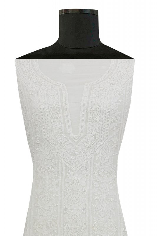 Ada Hand Embroidered White Georgette Lucknowi Chikan Unstitched Kurta Piece- A621926