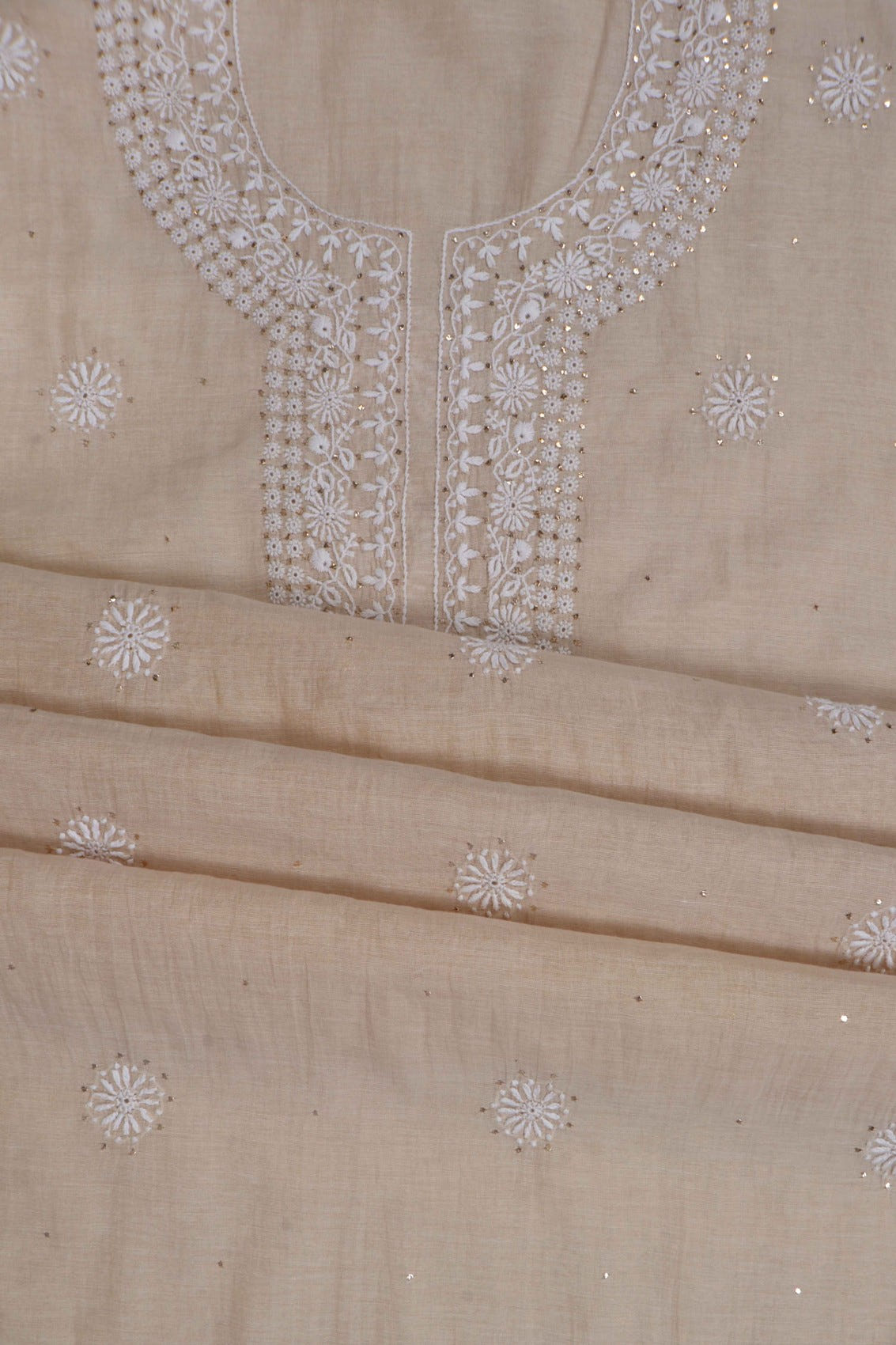 Ada Hand Embroidered Natural Fawn Tissue Lucknowi Chikankari Unstitched Kurta Dupatta Set With Muqaish Work 01A196056