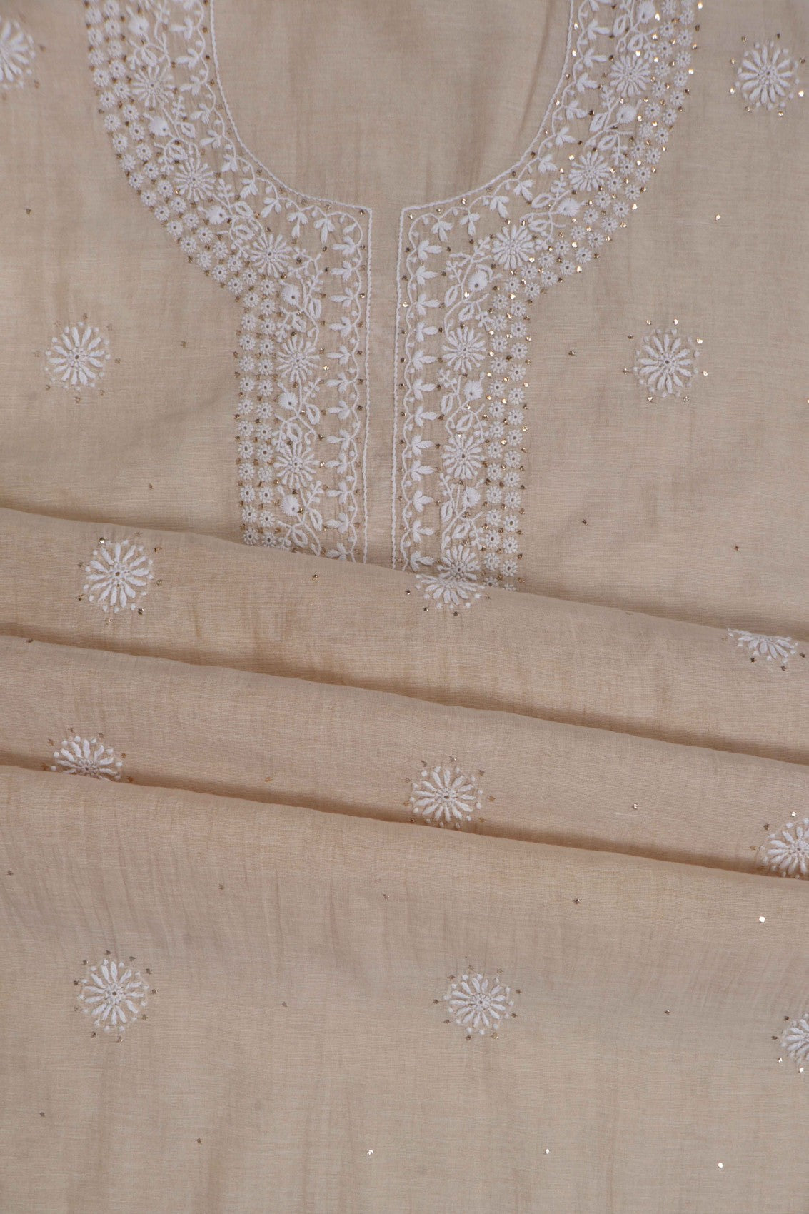 Ada Hand Embroidered Natural Fawn Tissue Lucknowi Chikankari Unstitched Kurta Dupatta Set With Muqaish Work 01A196056