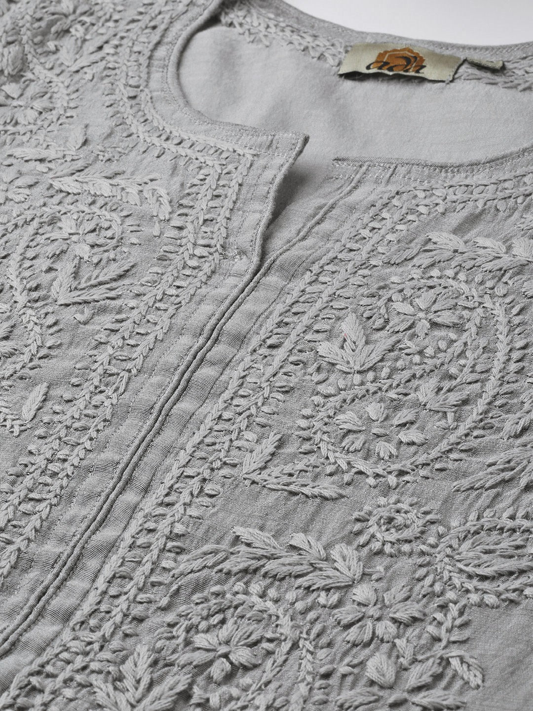 Ada Hand Embroidered Grey Chanderi Lucknowi Chikankari Straight Kurta - A100477