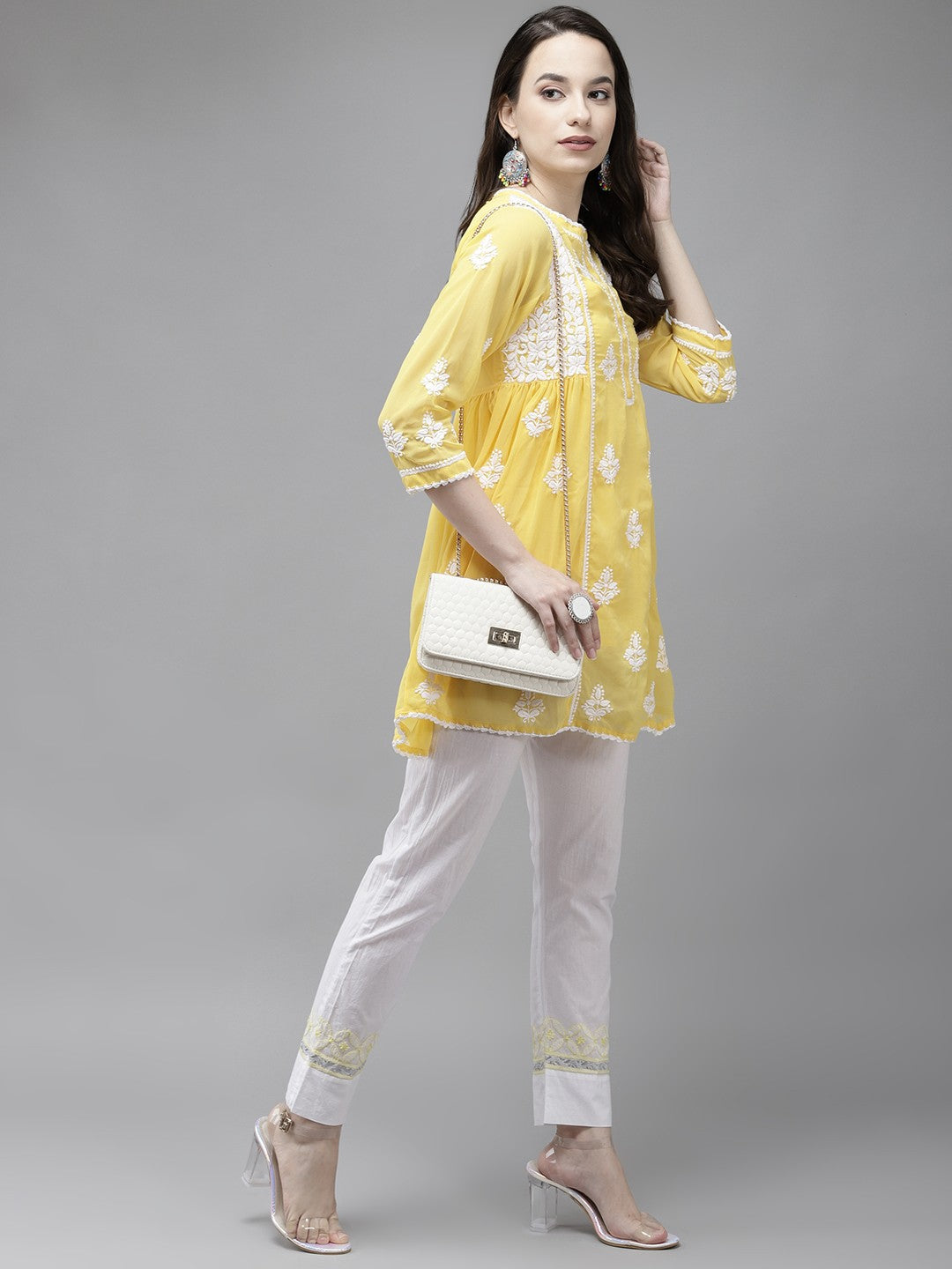 Ada Hand Embroidered Yellow Georgette Lucknowi Chikankari Flared Kurti With Slip A911145