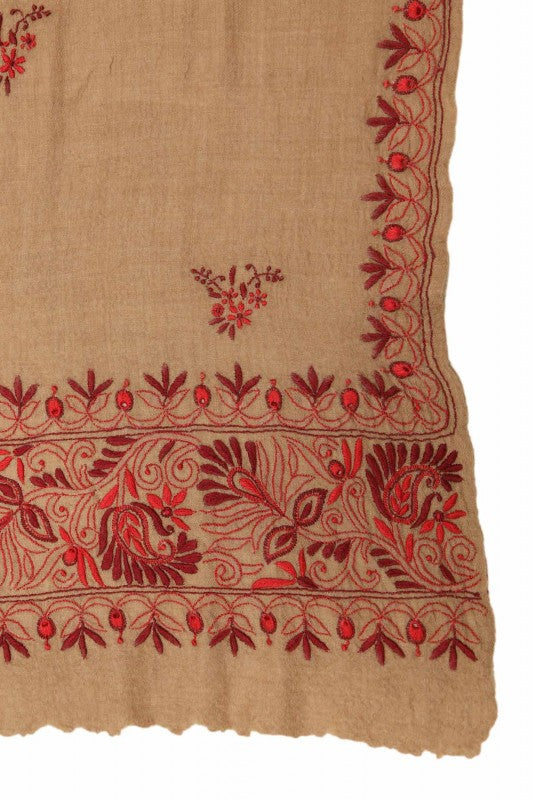Ada Hand Embroidered Fawn Pashmina Lucknow Chikan Woolen Stole -A222655