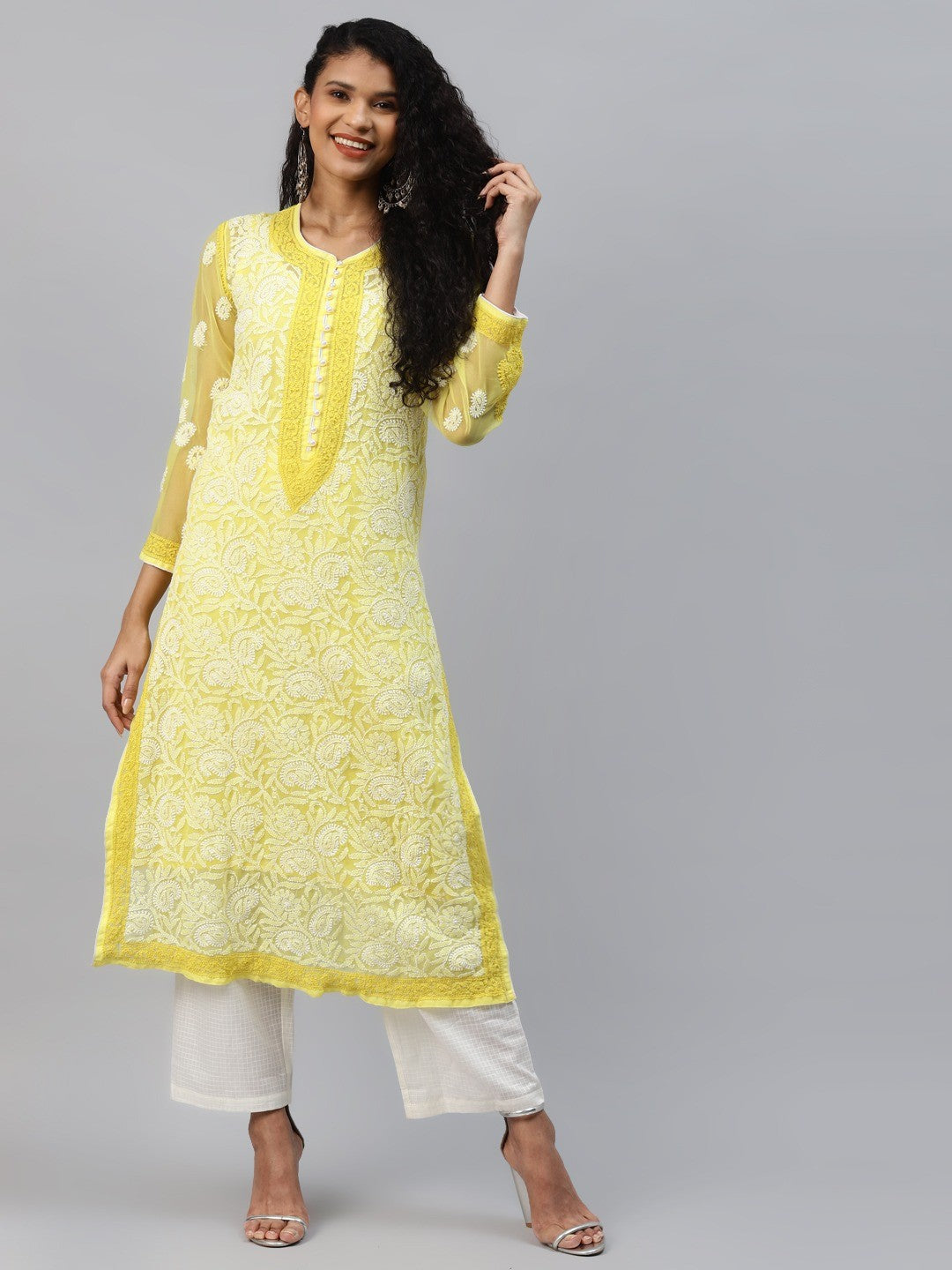 Ada Hand Embroidered Yellow Georgette Lucknow Chikankari Kurta with Slip A223986