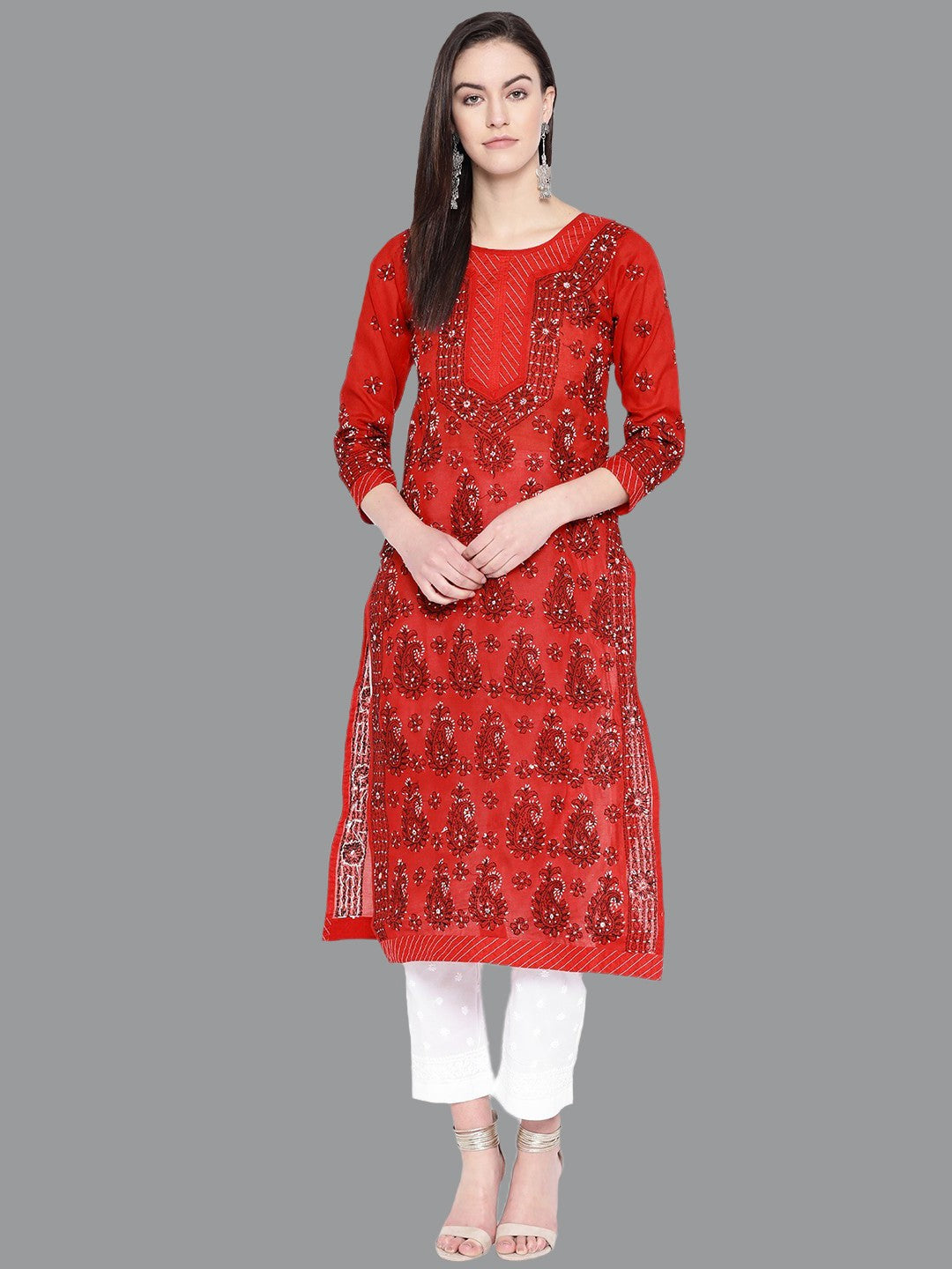 Ada Hand Embroidered Red Cotton Lucknow Chikankari Kurta with Trouser Set A100224