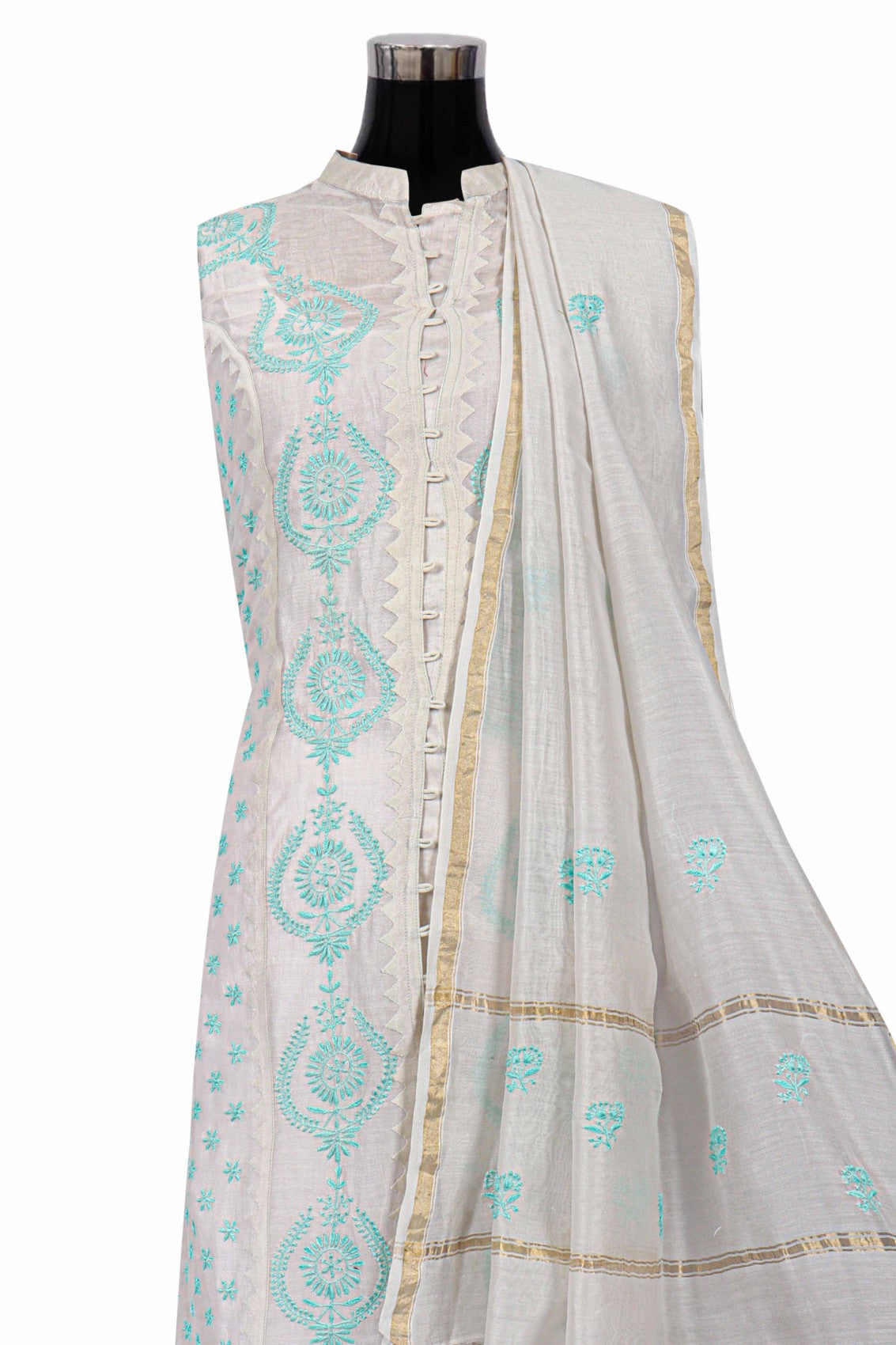 Ada Hand Embroidered Light Grey Chanderi Lucknowi Chikankari Semi-stitched Kurta Dupatta Set A320060