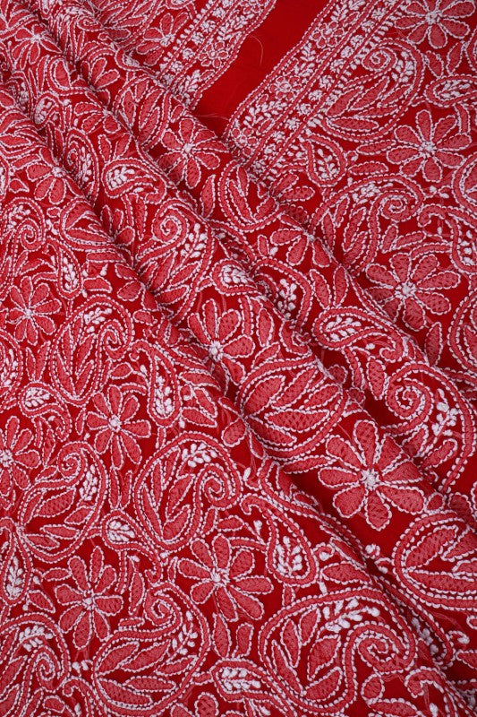Ada Hand Embroidered Red Georgette Lucknowi Chikan Unstitched Suit Piece A516825
