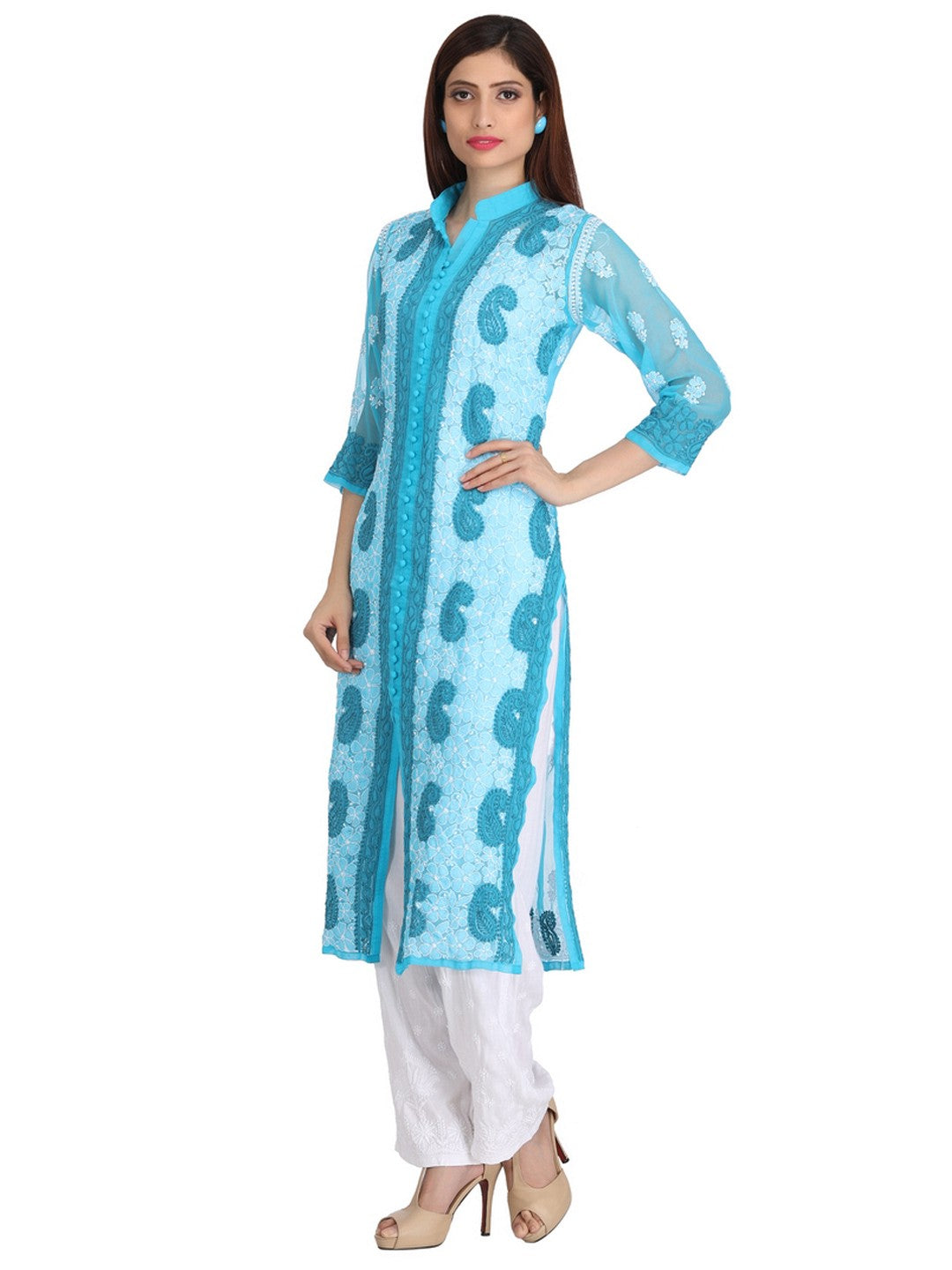 Ada Hand Embroidered Blue Georgette Lucknowi Chikankari Straight Kurta A227274