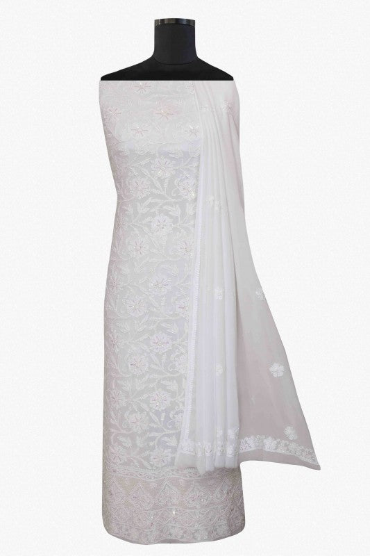 Ada Hand Embroidered White Georgette Lucknowi Chikan Unstitched Kurta Dupatta Set - A586221