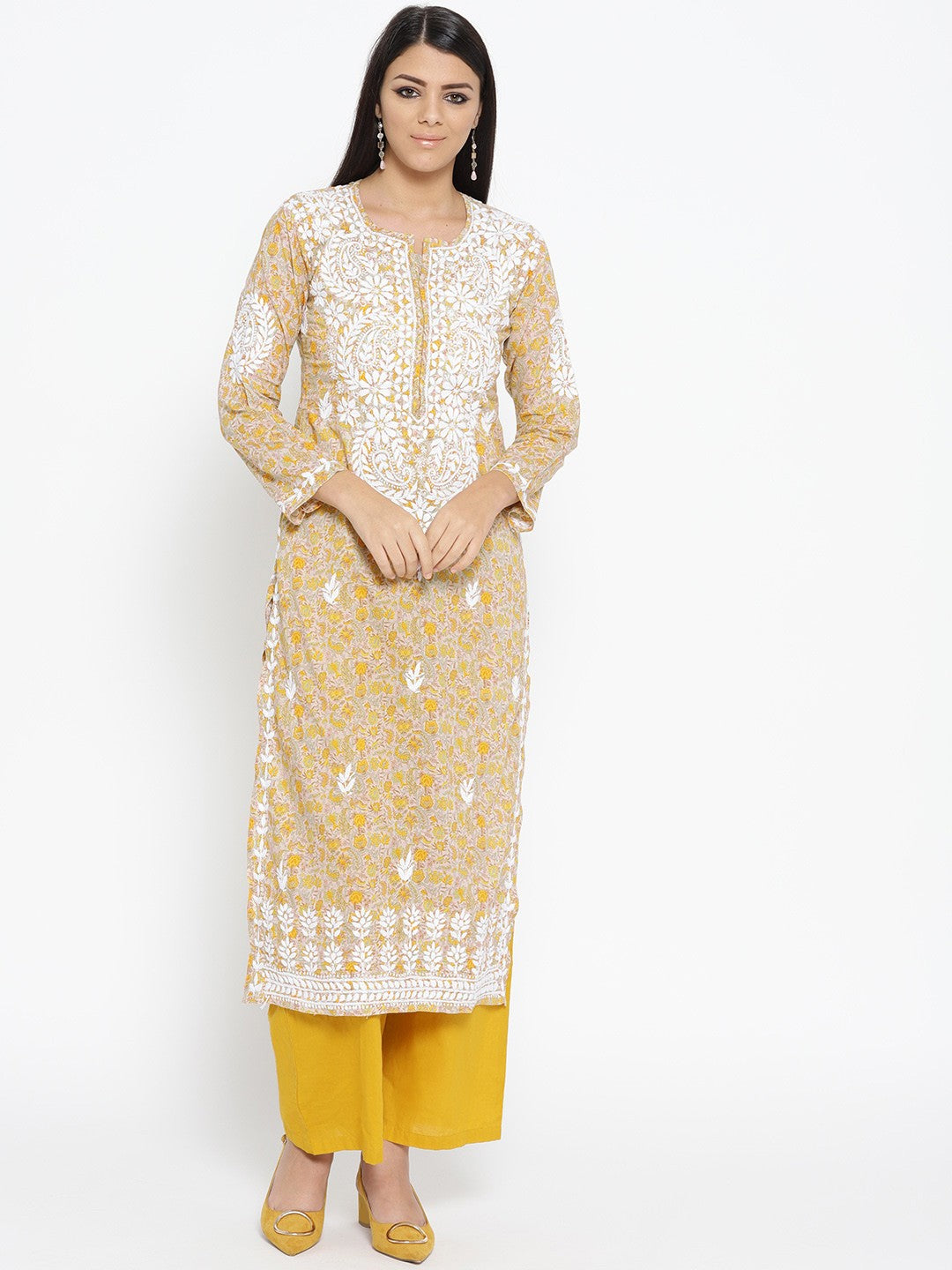 Ada Hand Embroidered Fawn Yellow Cotton Lucknowi Chikankari Straight Kurta  A100040