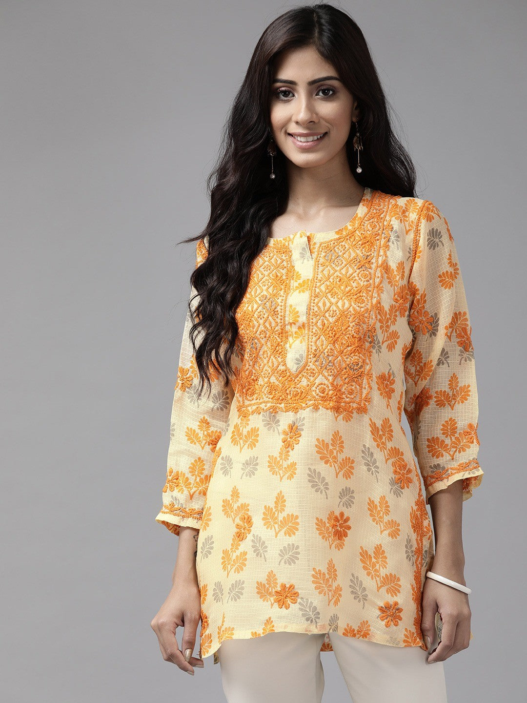 ADA Hand Embroidered Lemon Kota Lucknowi Chikankari Short Kurti A911143