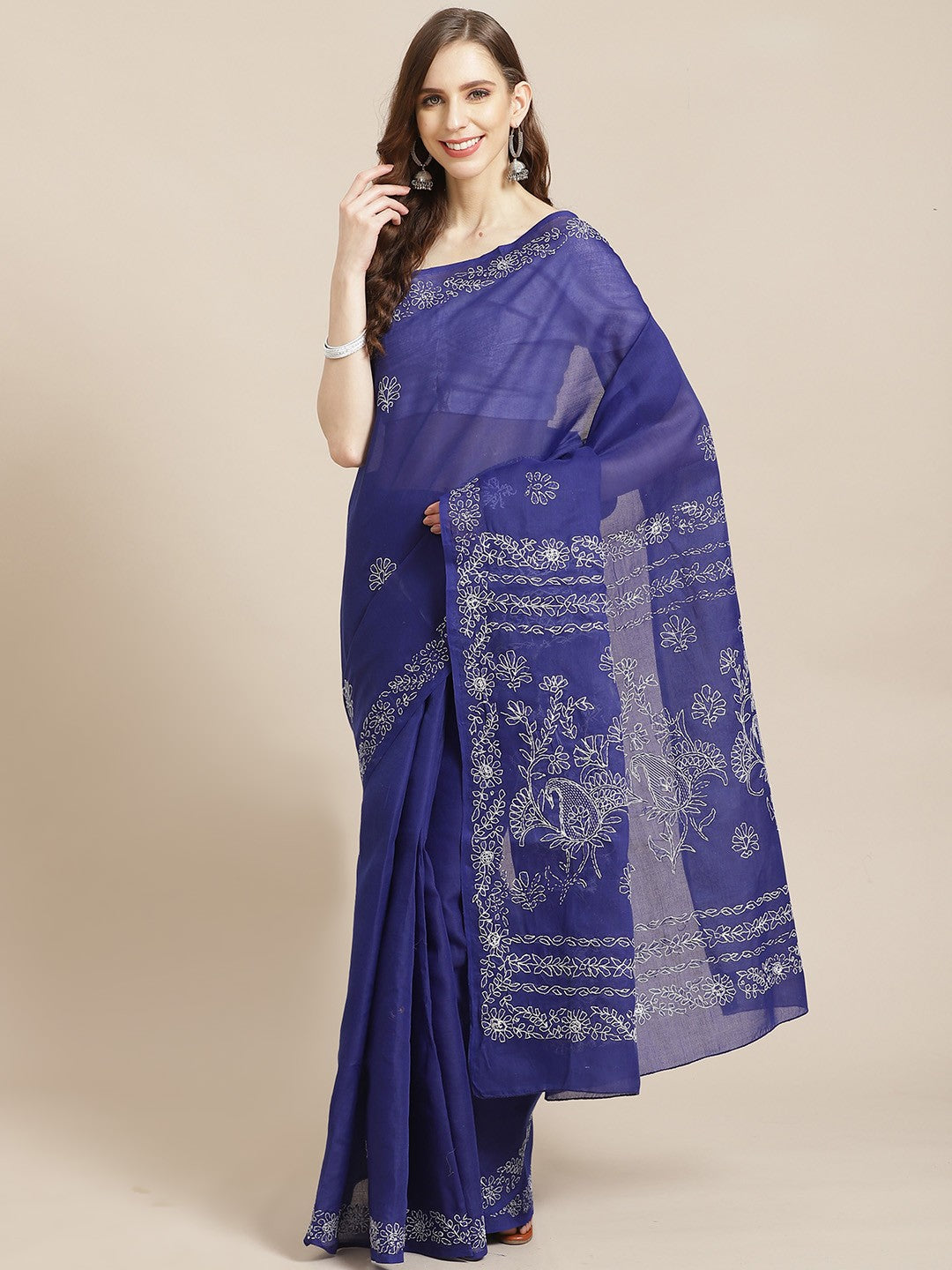 Ada Hand Embroidered Royal Blue Cotton Lucknow Chikan Saree With Blouse-A311201