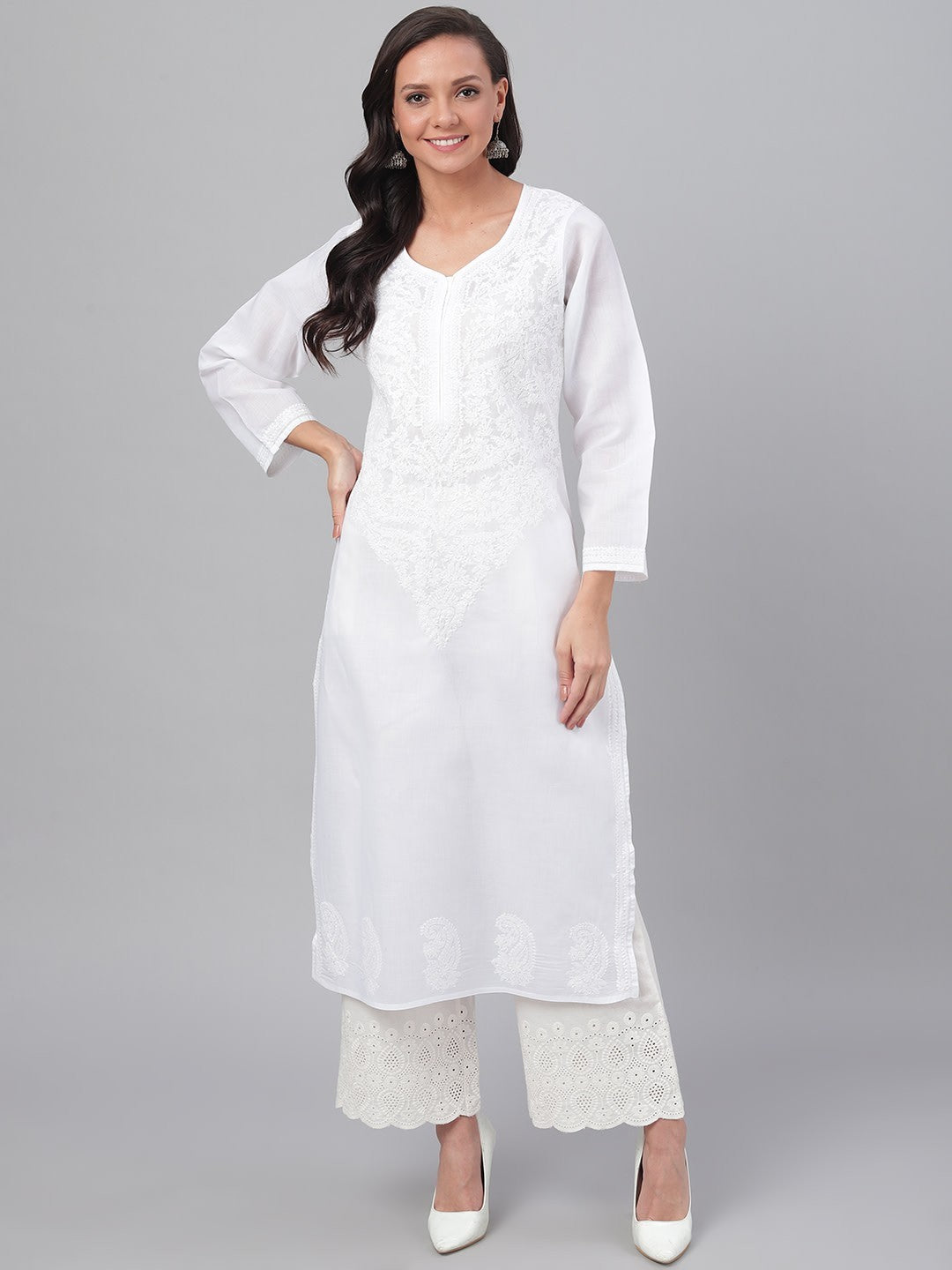 Ada Hand Embroidered White Cotton Lucknowi Chikankari Straight Kurta A227625