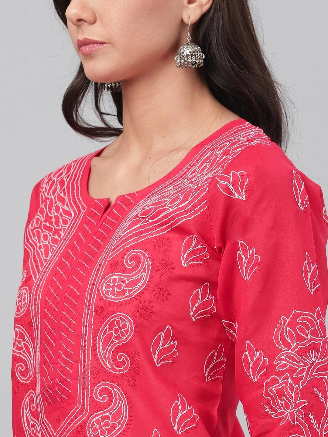 Ada Hand Embroidered Red Cotton Lucknowi Chikankari Straight Kurta A234087