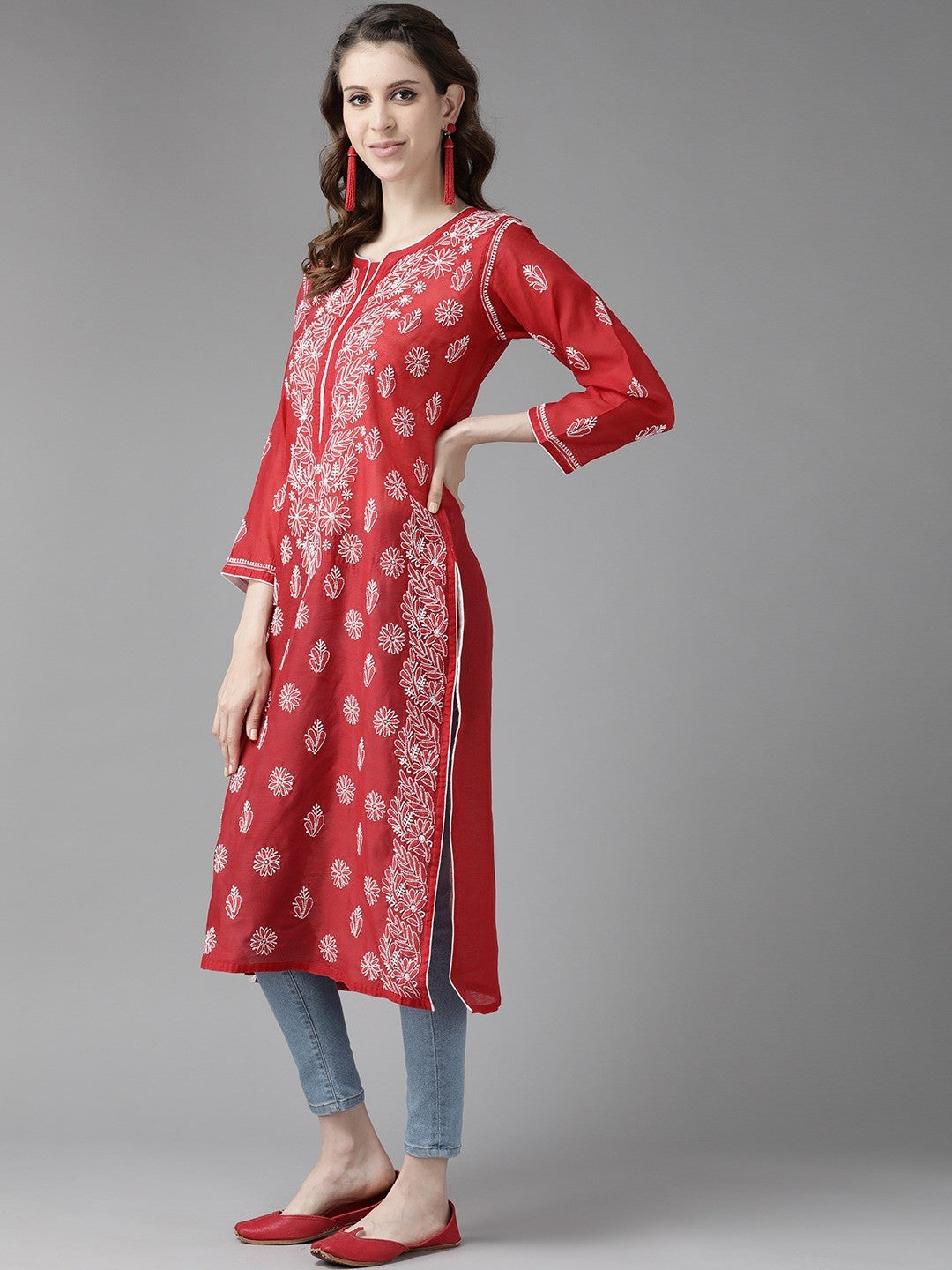 Ada Hand Embroidered Red Chanderi Lucknowi Chikankari Straight Kurta A411178