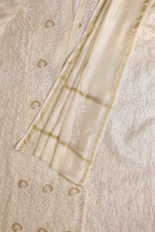 Ada Hand Embroidered Cream Chanderi Lucknowi Chikan Unstitched Kurta Dupatta Set-A595038
