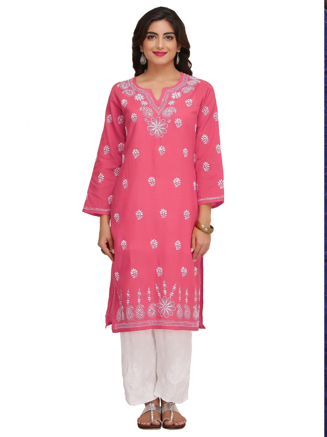 Ada Hand Embroidered Carrot Pink Cotton Lucknowi Chikankari Straight  Kurti A249004