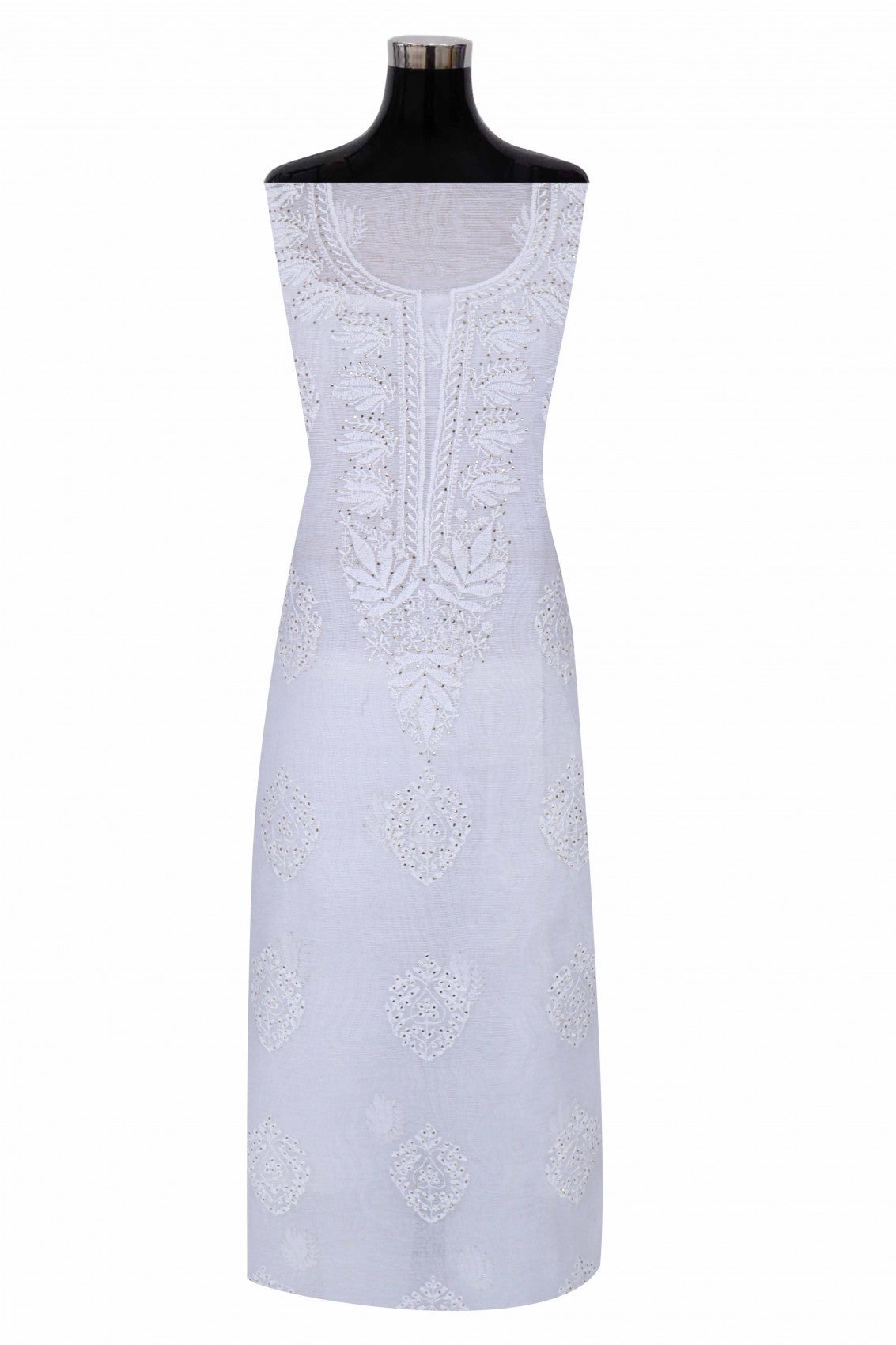 Ada Hand Embroidered White Kota Lucknowi Chikankari Unstitched Suit Piece With Muqaish Work 01A67182