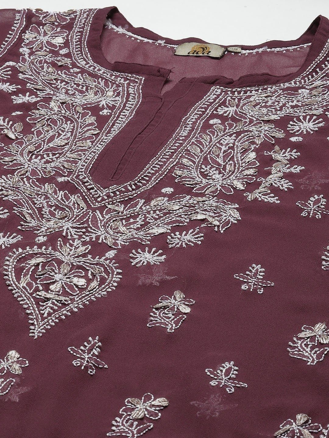 Ada Hand Embroidered Wine Georgette Lucknow Chikan Kurta/Slip with Gota Patti Work A411357