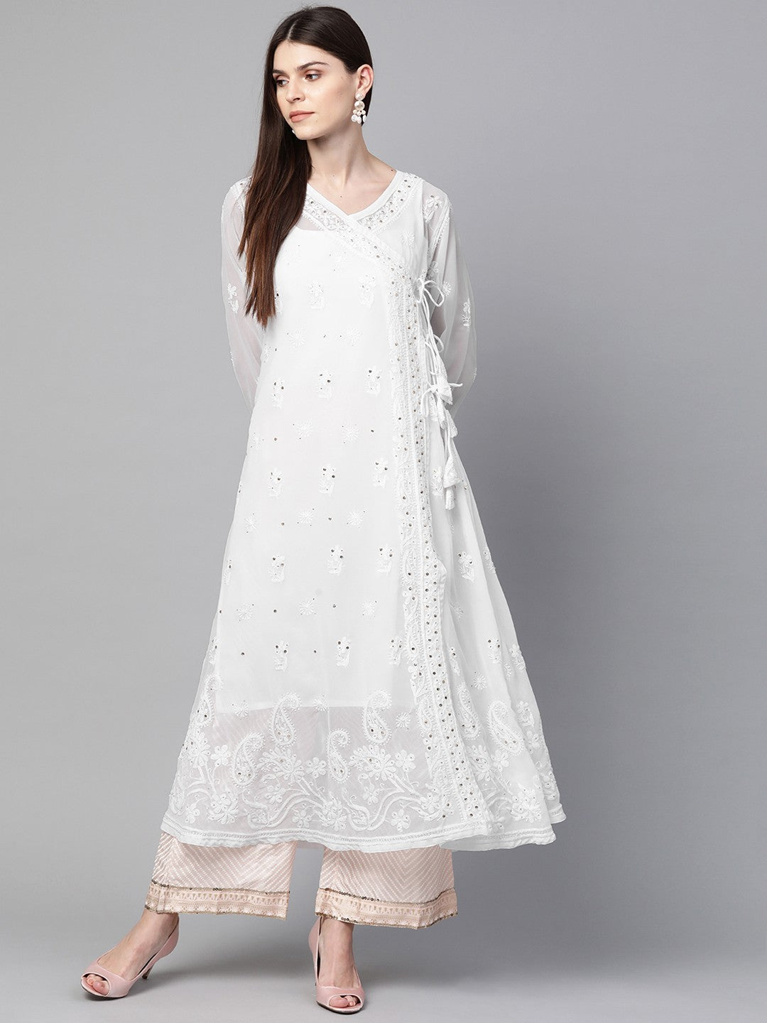 Ada Hand Embroidered White Georgette Lucknow Chikankari Angarkha Kurta/Slip with Muqaish Work A100430