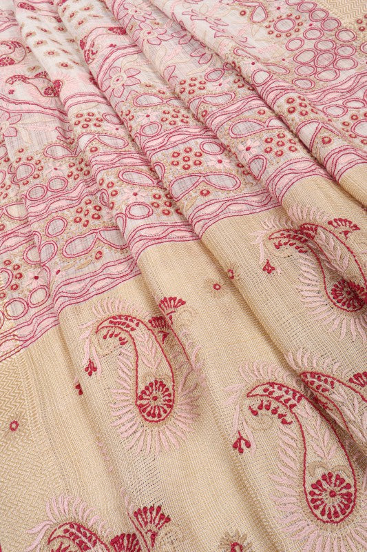 Ada Hand Embroidered Cream Chanderi Lucknowi Chikankari Saree With Blouse A70586