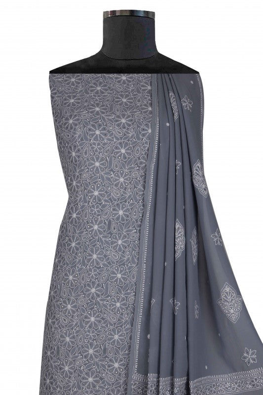 Ada Hand Embroidered Grey Georgette Unstitched Kurta Dupatta Set A526842