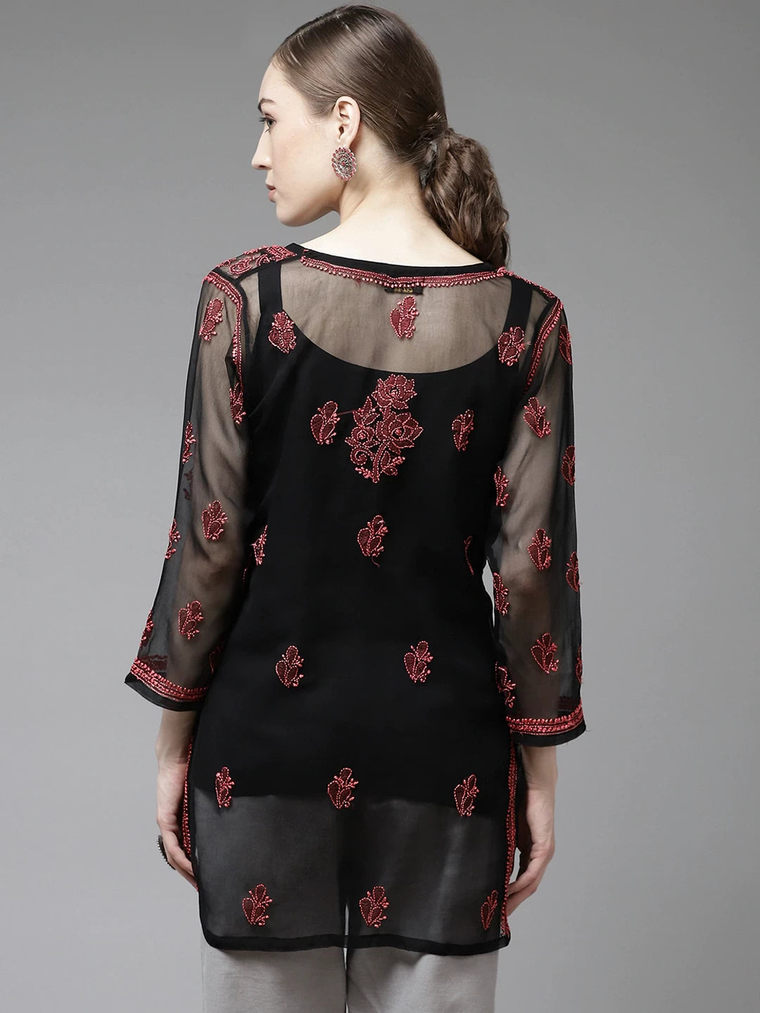 Ada Hand Embroidered Black Georgette Lucknow Chikan Kurti With slip-A911134