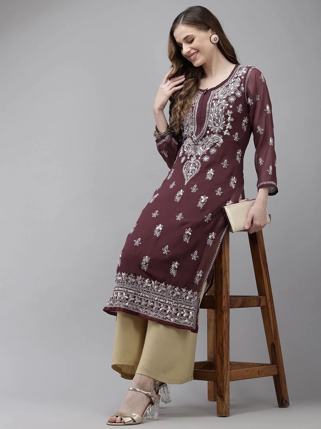 Ada Hand Embroidered Wine Georgette Lucknow Chikan Kurta/Slip with Gota Patti Work A411357