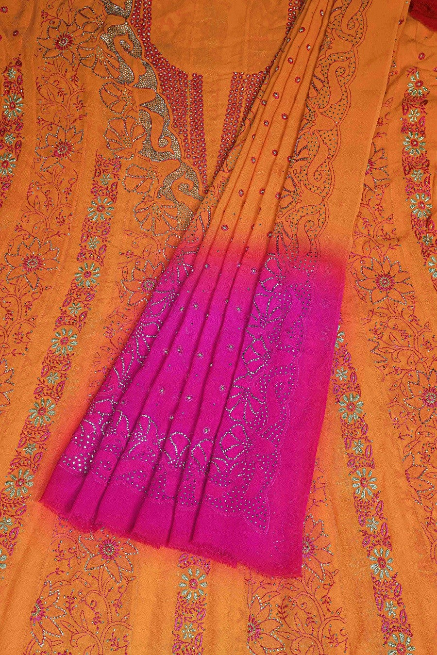 Ada Hand Embroidered Orange/Magenta Pure Georgette Semi-stitched Anarkali Kurta Dupatta Set With Muqaish Work A266362