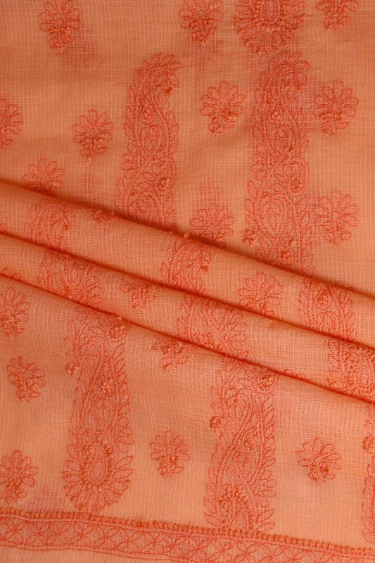 Ada Hand Embroidered Salmon Peach Kota Lucknowi Chikan Unstitched Kurta Dupatta Set-A596893