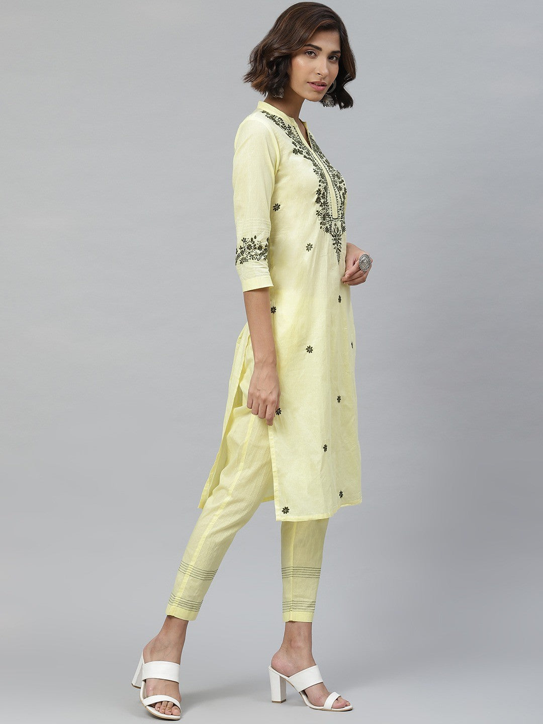Ada Hand Embroidered Lemon Cotton Lucknowi Chikankari Straight Kurta With Trouser Set A100340