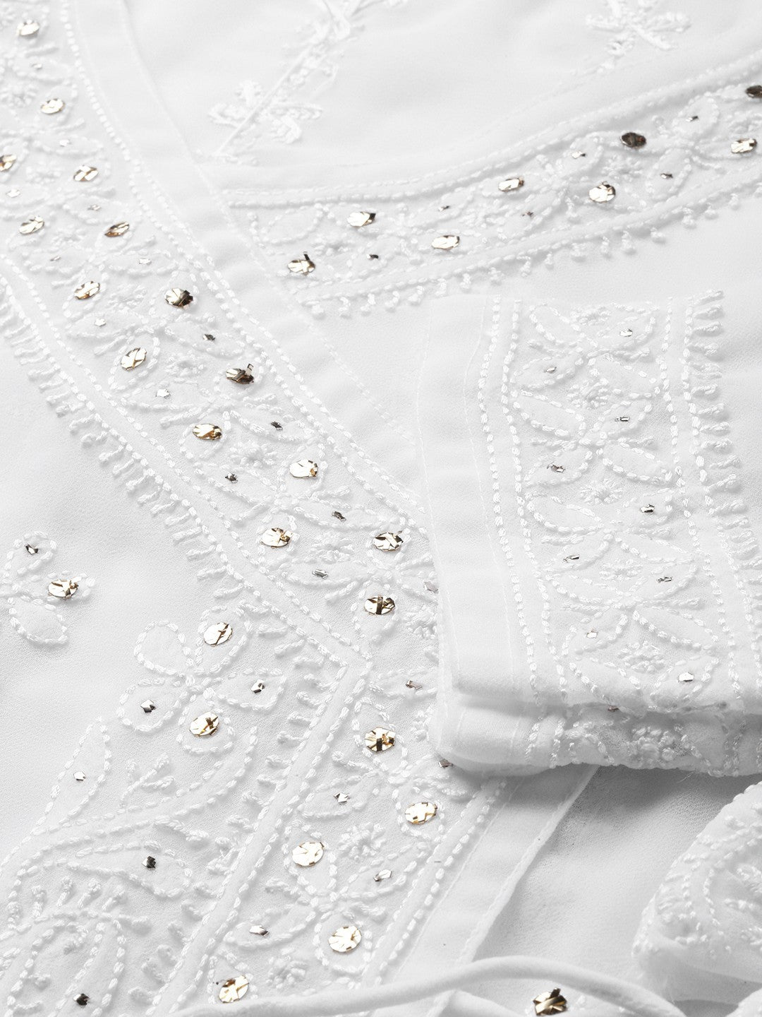 Ada Hand Embroidered White Georgette Lucknow Chikankari Angarkha Kurta/Slip with Muqaish Work A100430