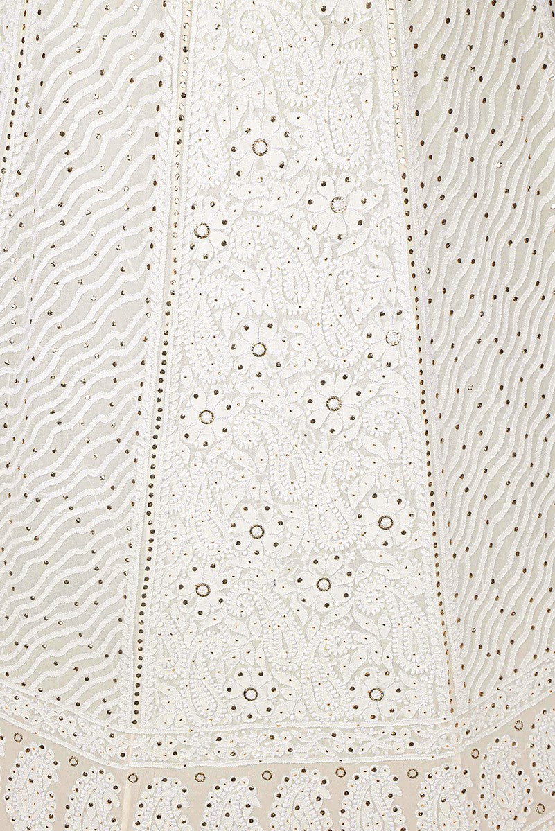 Ada Hand Embroidered White Pure Georgette Lucknowi Chikankari Unstitched Lehenga Skirt (Only Skirt)With Muqaish Work- A608030