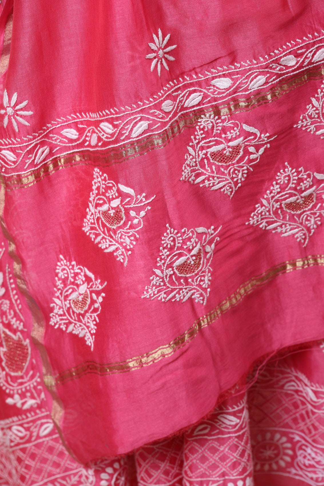 Ada Hand Embroidered Onion Pink Chanderi Lucknowi Chikankari Semi-Stitched Anarkali Kurta Dupatta Set With Zari Work 01A205812