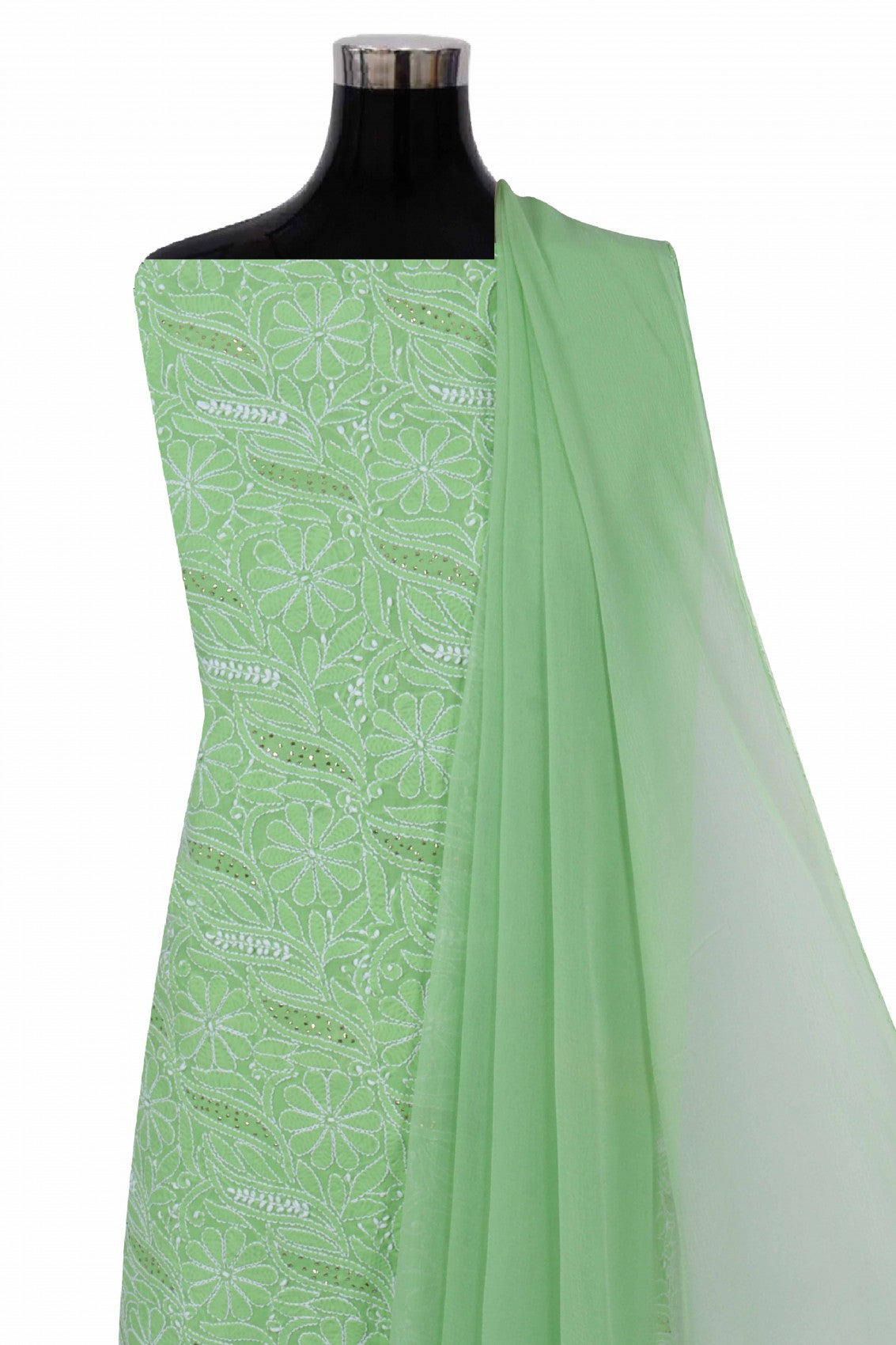 Ada Hand Embroidered Green Cotton Lucknowi Chikankari Unstitched Suit Piece With Muqaish Work 01A91019