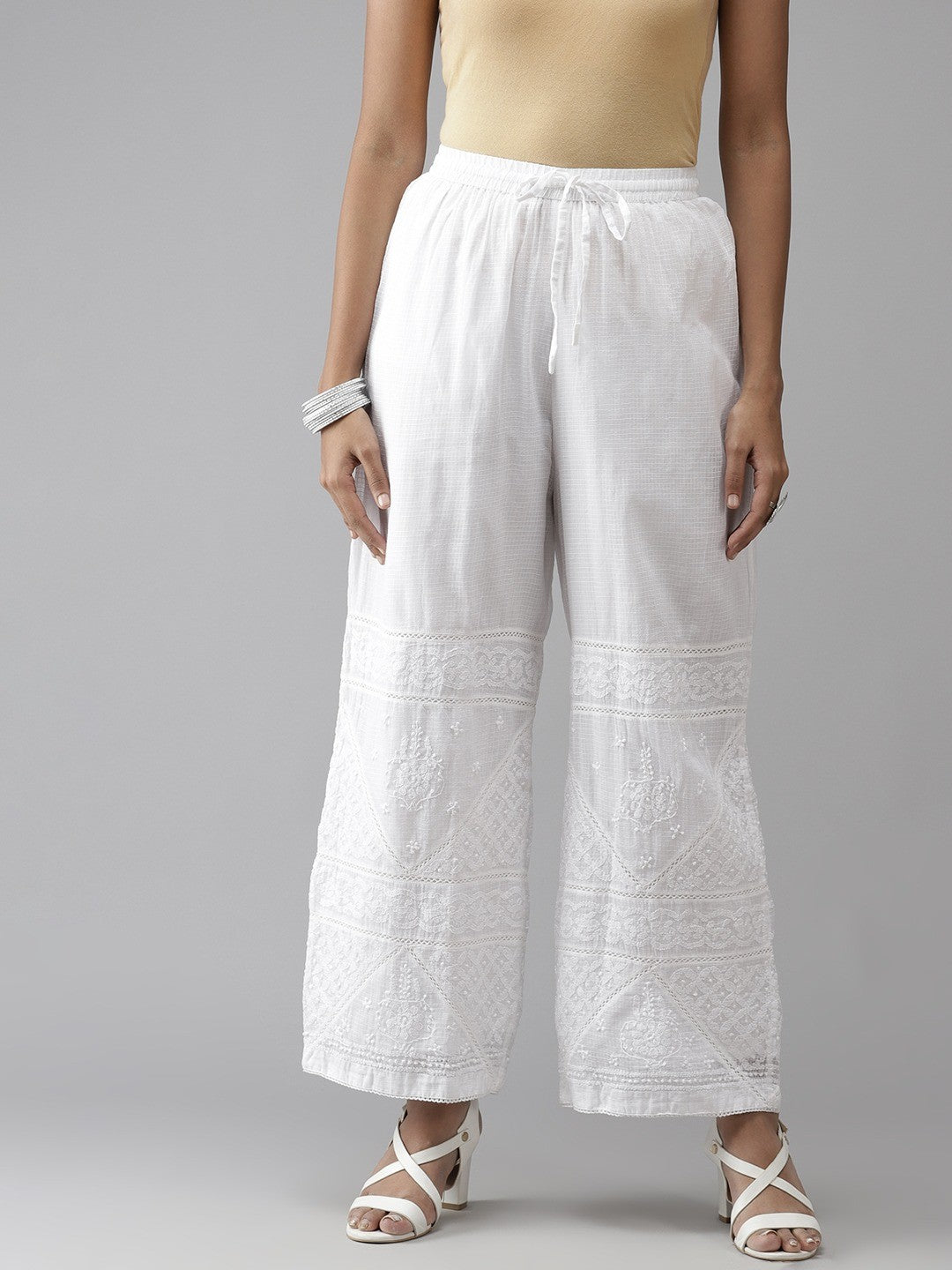 Ada Hand Embroidered White Kota Lucknow Chikan Palazzo A711144