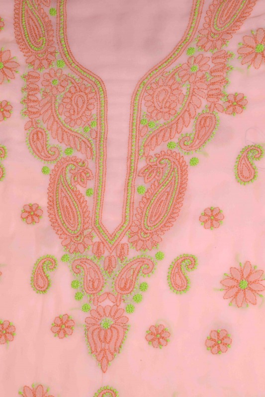 Ada Hand Embroidered Peach Georgette Lucknowi Chikankari Unstitched Suit Piece A211192