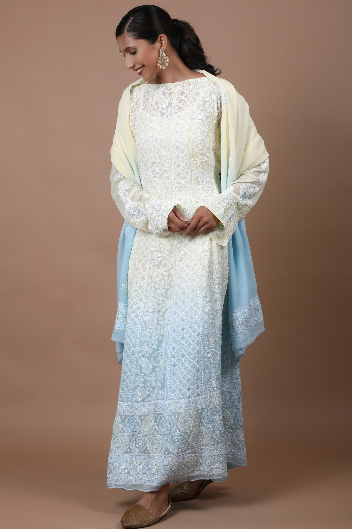 Ada Hand Embroidered Dual Shade Lemon And Blue Pure Georgette Lucknowi Chikankari Semi-Stitched Anarkali Kurta Dupatta Set With Cutdana Work 01A255942