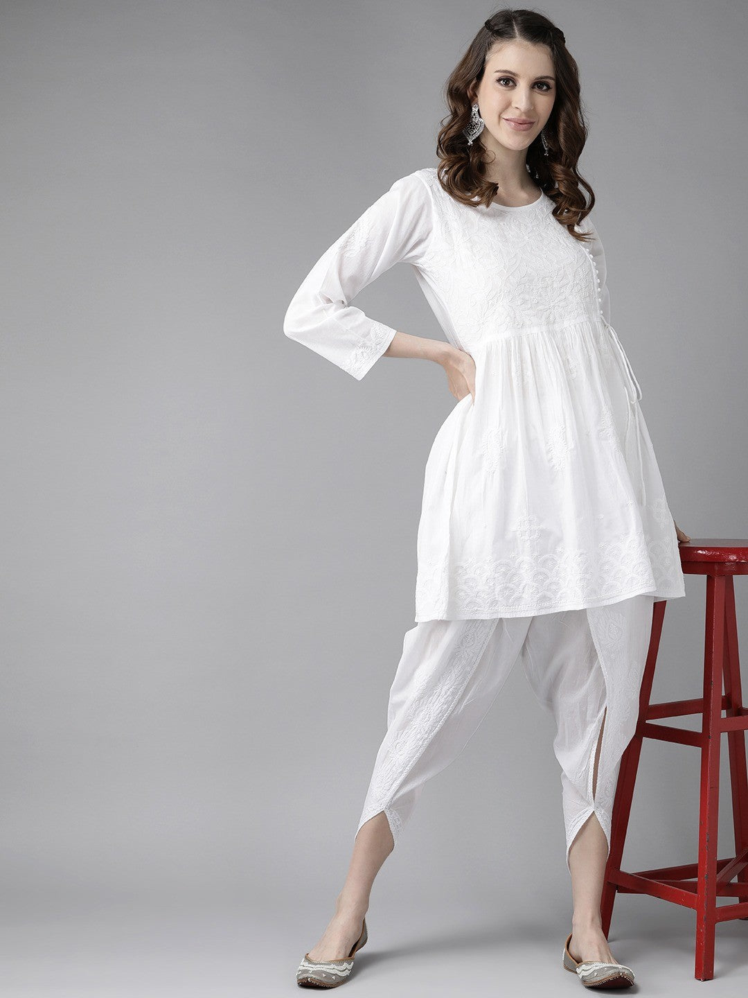 Ada Hand Embroidered White Cotton Lucknowi Chikankari Kurta With Dhoti Set A811180