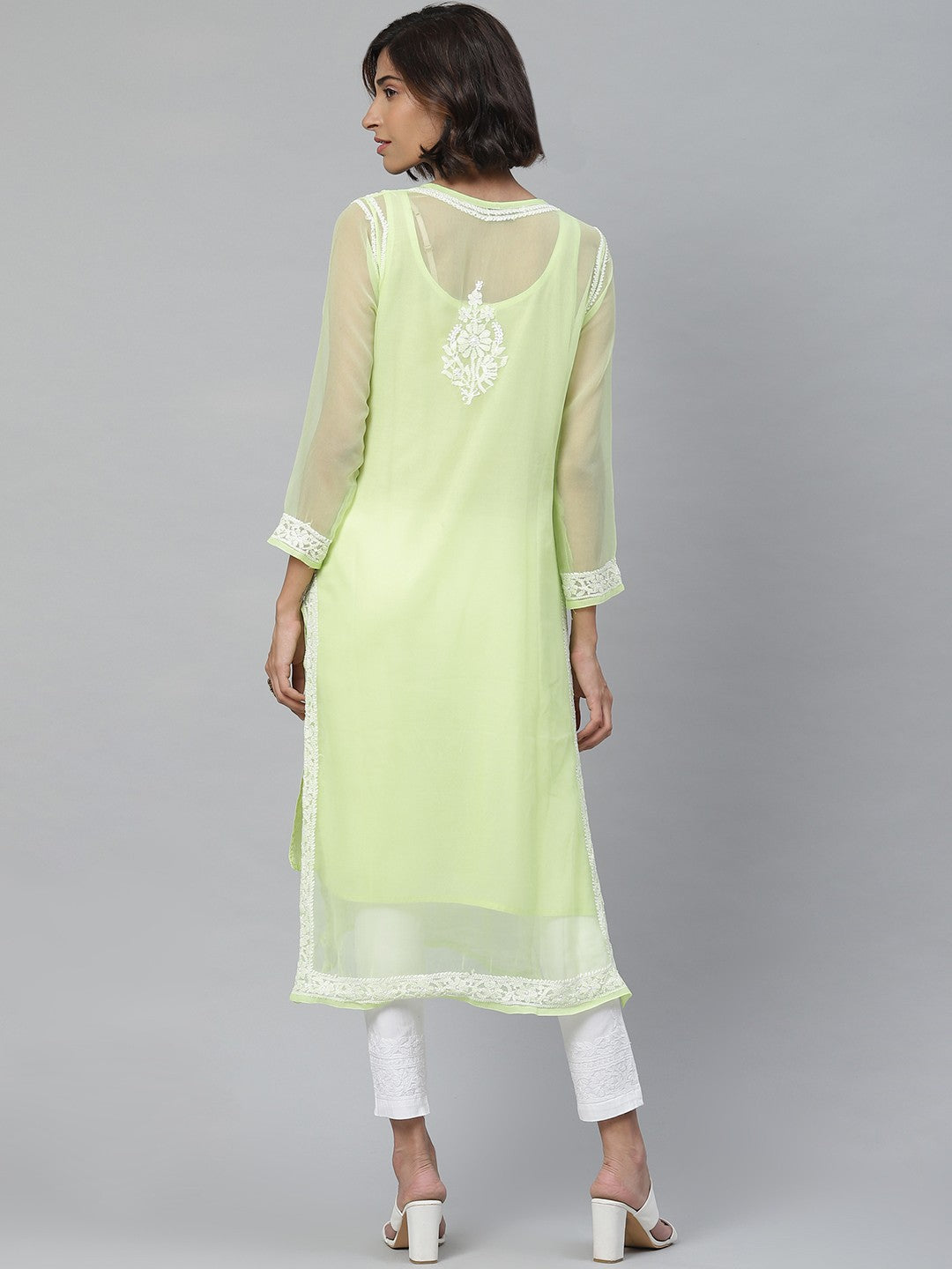 Ada Hand Embroidered Green And White Georgette Lucknow Chikankari Kurta Set with Slip A811113
