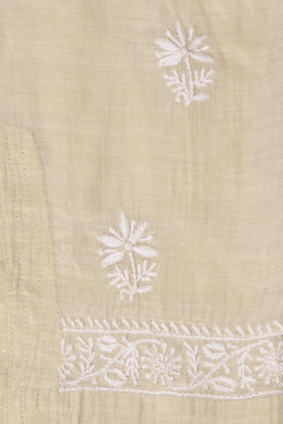 Ada Hand Embroidered Natural Fawn Tissue Lucknowi Chikankari Semi-stitched Kurta Dupatta Set A615495